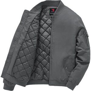 Men's Deep Grey Windproof Quilted Bomber Jacket Coats Warm Winter Outwear